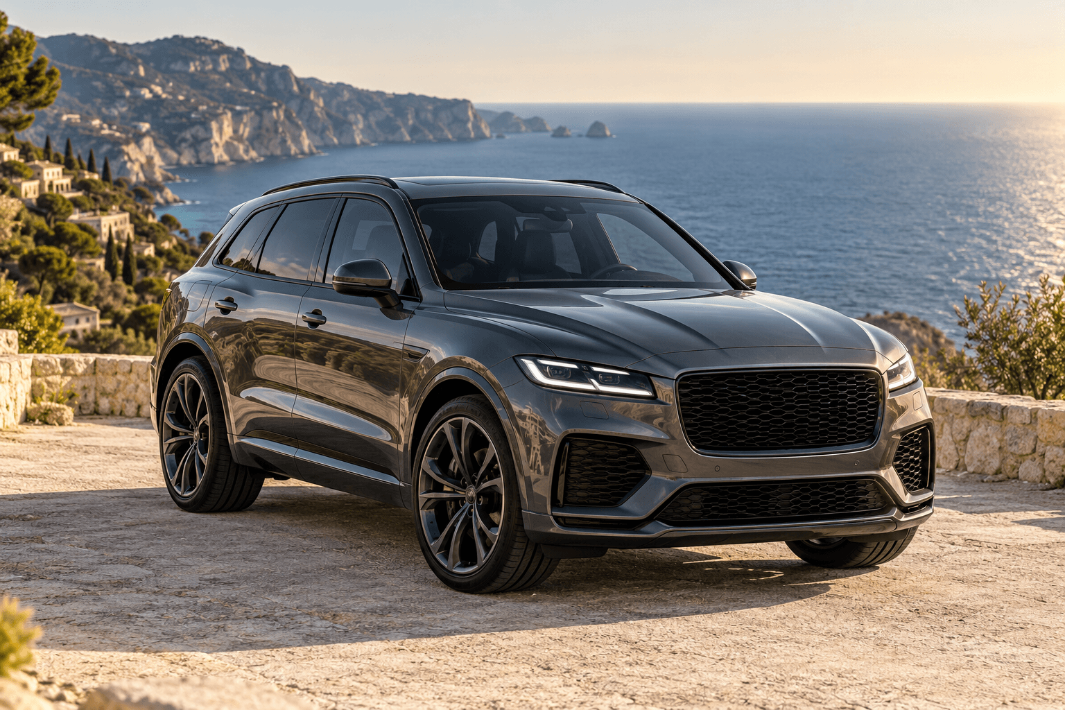 SUV premium color grafite sulla costa mediterranea