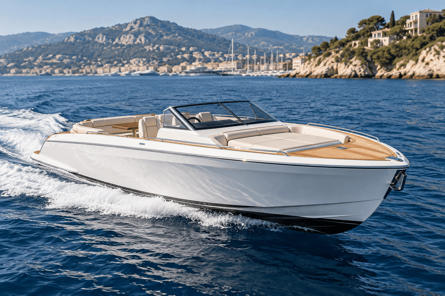 Day cruiser bianco in navigazione nel Mediterraneo